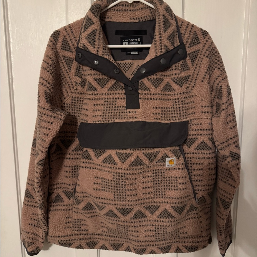 Carhartt Woman’s Tan and Black Three Quarter Fleece Pullover Jacket - Medium